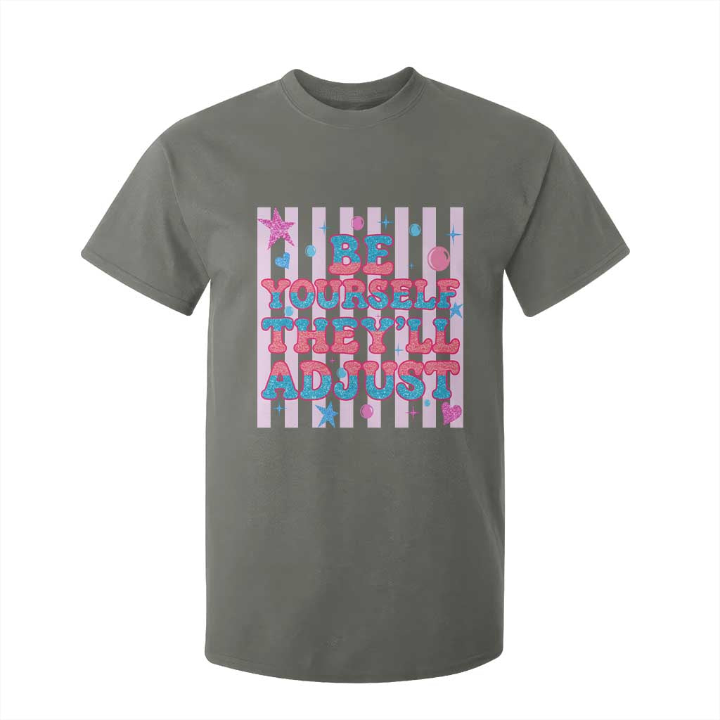 Striped Glitter Effect Printed Trans Rights T Shirt For Kid Be Yourself They Will Adjust TS12 Military Green Print Your Wear