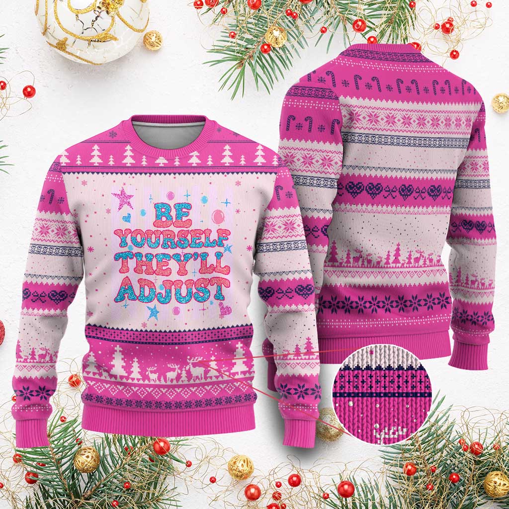 Striped Glitter Effect Printed Trans Rights Ugly Christmas Sweater Be Yourself They Will Adjust TS12 Hot Pink Print Your Wear