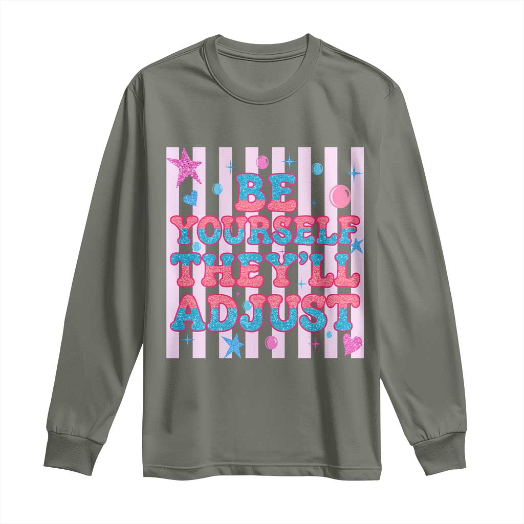Striped Glitter Effect Printed Trans Rights Long Sleeve Shirt Be Yourself They Will Adjust TS12 Military Green Print Your Wear