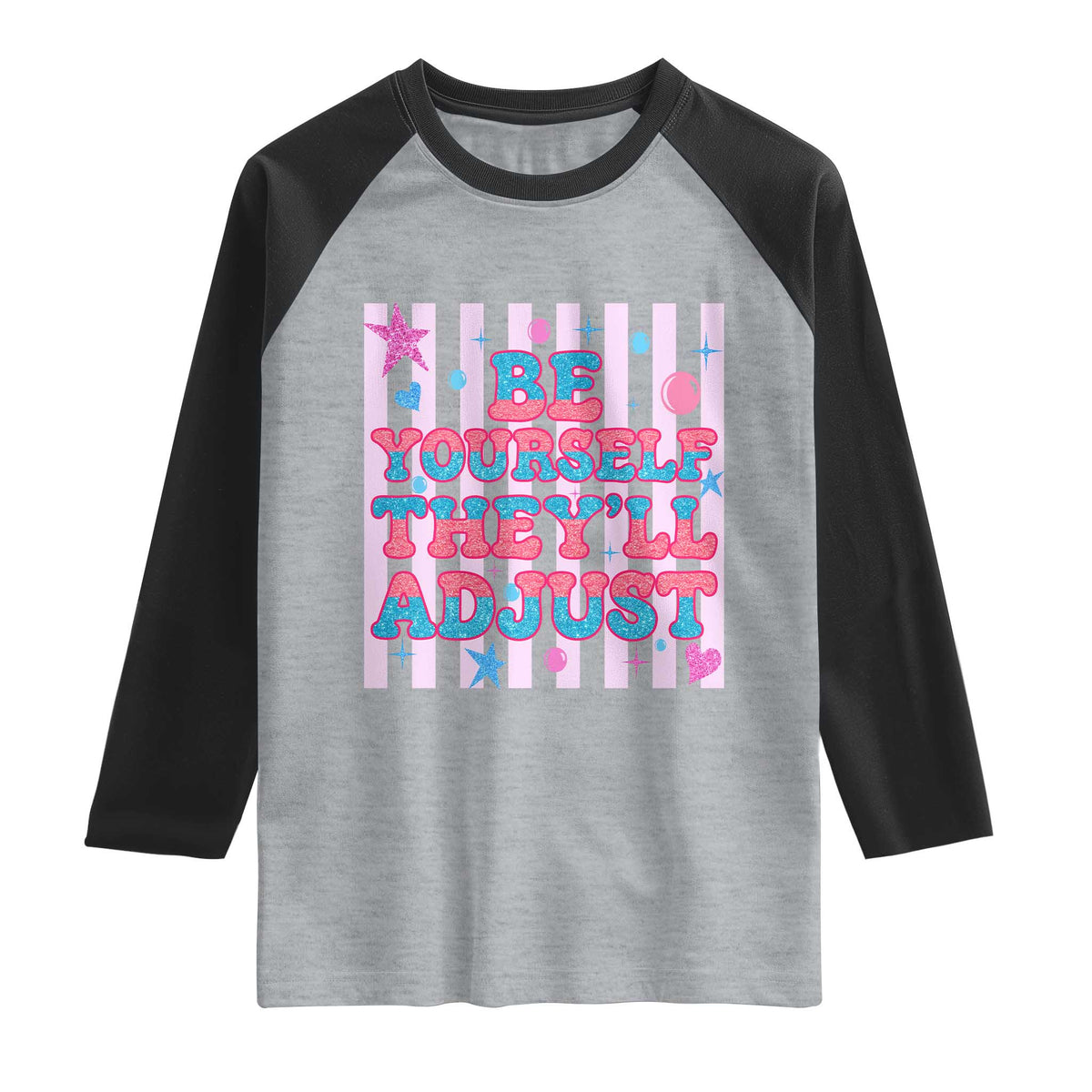 Striped Glitter Effect Printed Trans Rights Raglan Shirt Be Yourself They Will Adjust TS12 Heather Gray Black Print Your Wear