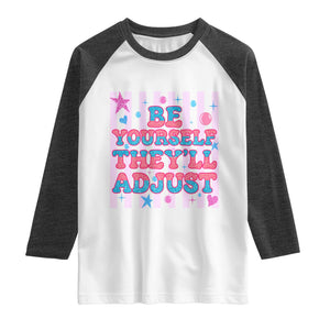 Striped Glitter Effect Printed Trans Rights Raglan Shirt Be Yourself They Will Adjust TS12 White Heather Charcoal Print Your Wear