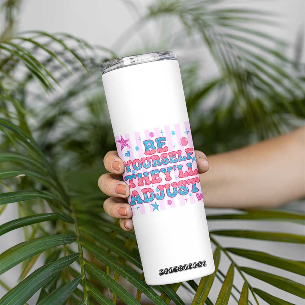 Striped Glitter Effect Printed Trans Rights Skinny Tumbler Be Yourself They Will Adjust TS12 Print Your Wear