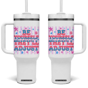 Striped Glitter Effect Printed Trans Rights Tumbler With Handle Be Yourself They Will Adjust TS12 One Size: 40 oz White Print Your Wear
