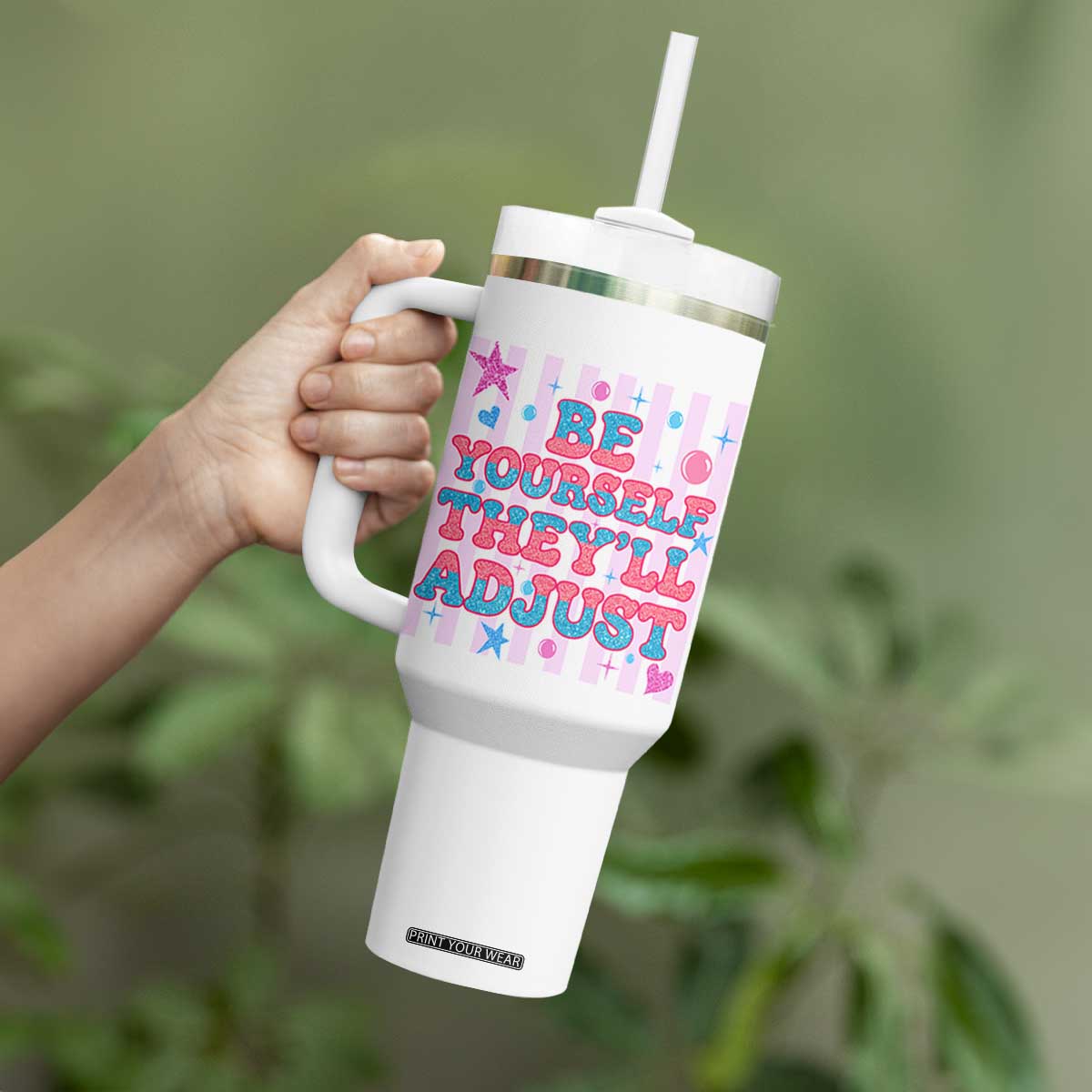 Striped Glitter Effect Printed Trans Rights Tumbler With Handle Be Yourself They Will Adjust TS12 Print Your Wear