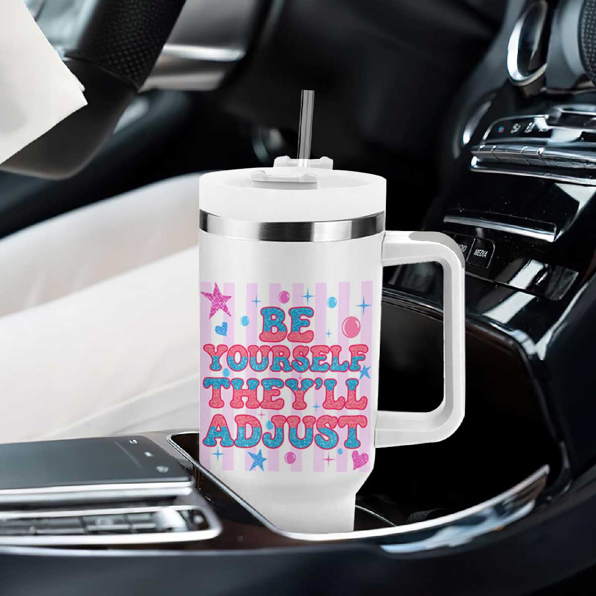 Striped Glitter Effect Printed Trans Rights Tumbler With Handle Be Yourself They Will Adjust TS12 Print Your Wear