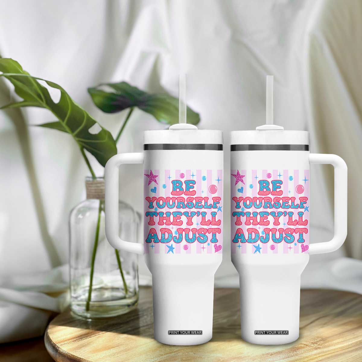 Striped Glitter Effect Printed Trans Rights Tumbler With Handle Be Yourself They Will Adjust TS12 Print Your Wear