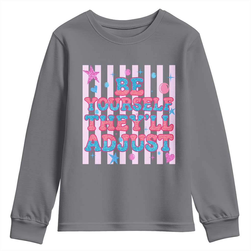 Striped Glitter Effect Printed Trans Rights Youth Sweatshirt Be Yourself They Will Adjust TS12 Charcoal Print Your Wear