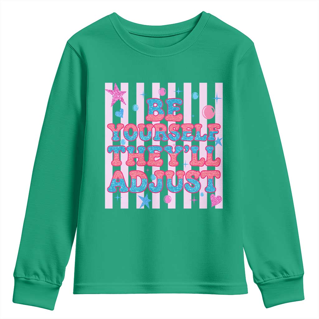 Striped Glitter Effect Printed Trans Rights Youth Sweatshirt Be Yourself They Will Adjust TS12 Irish Green Print Your Wear
