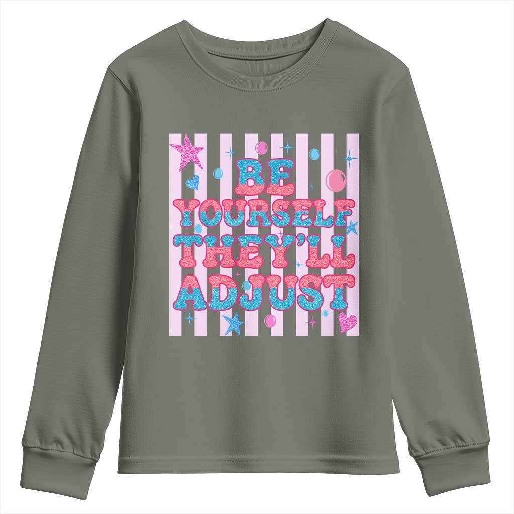 Striped Glitter Effect Printed Trans Rights Youth Sweatshirt Be Yourself They Will Adjust TS12 Military Green Print Your Wear