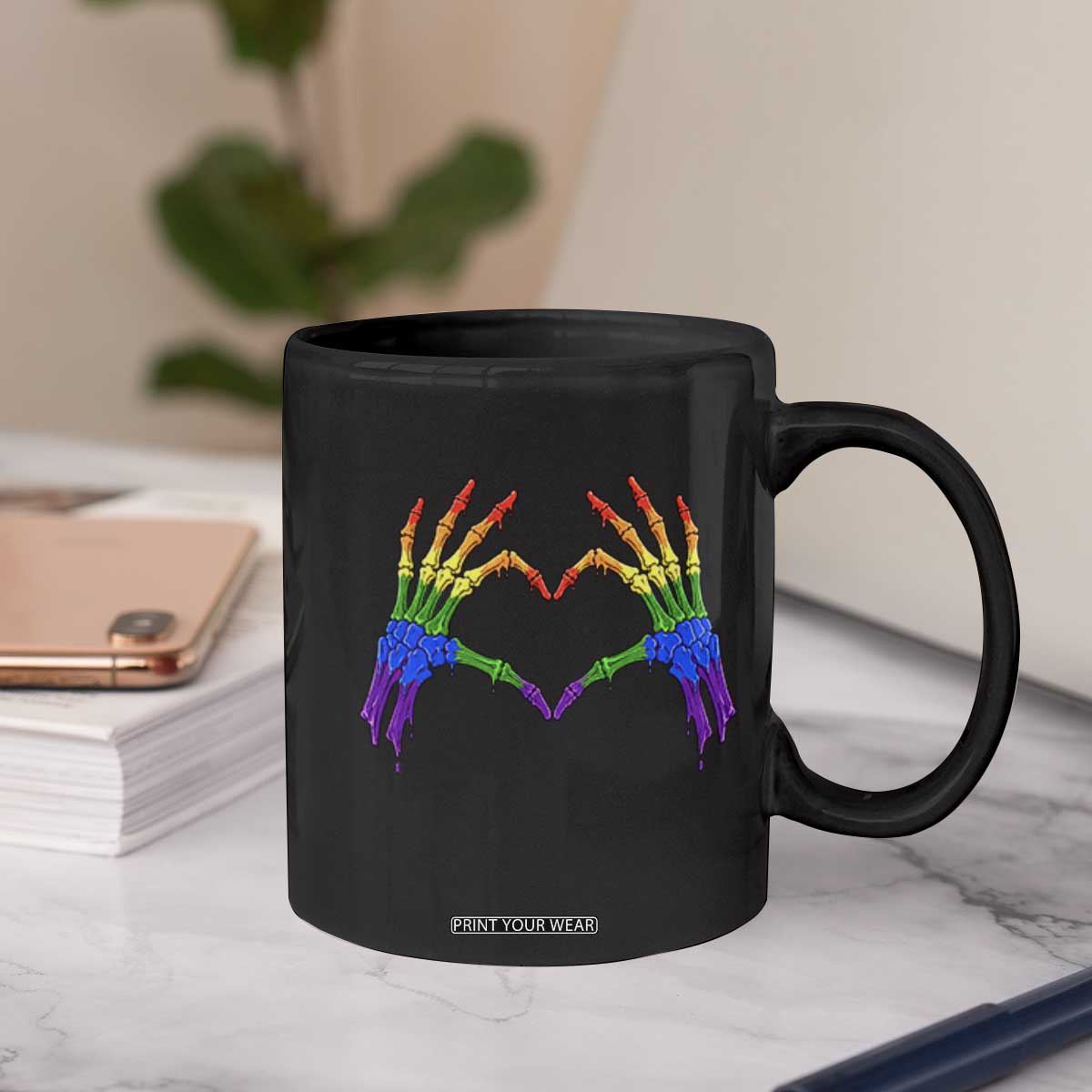 Rainbow Skeleton Heart Hands Coffee Mug LGBTQ Pride Support Graphic TS12 Print Your Wear