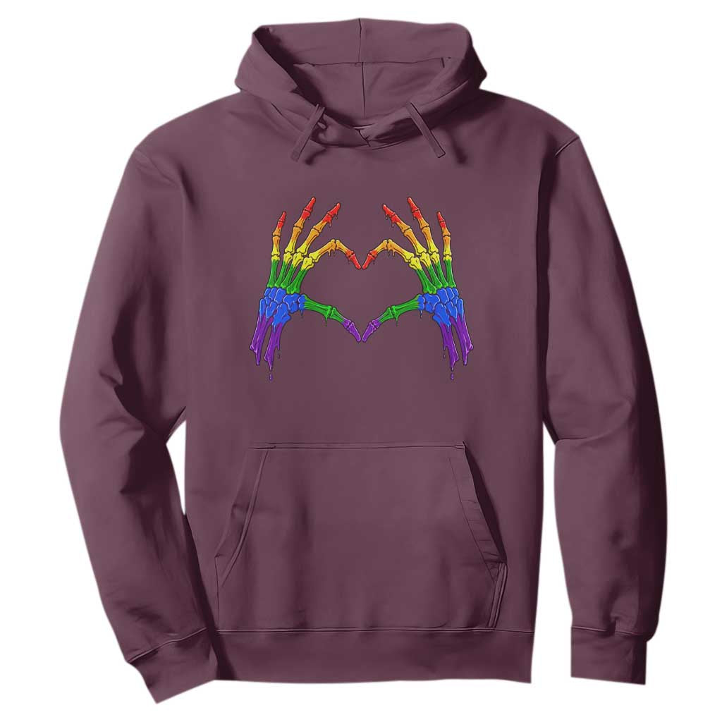 Rainbow Skeleton Heart Hands Hoodie LGBTQ Pride Support Graphic TS12 Maroon Print Your Wear