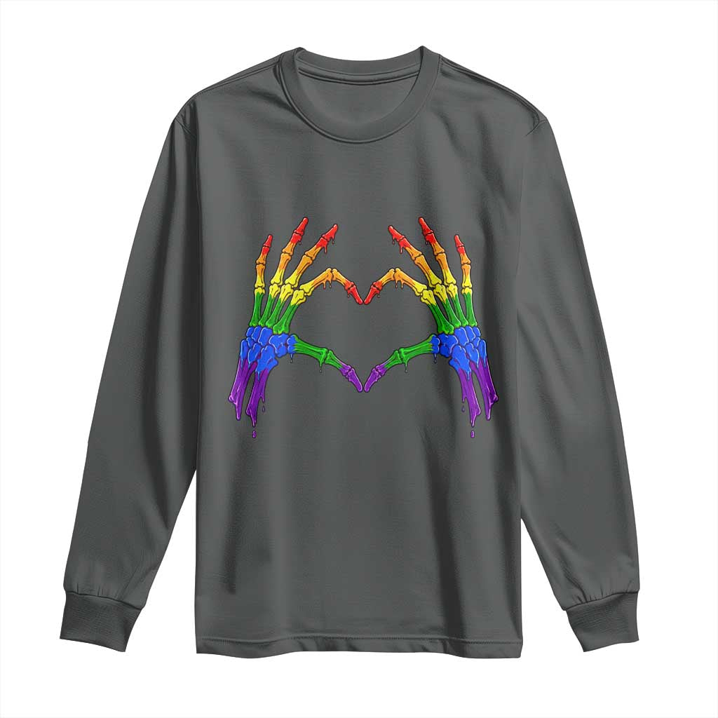 Rainbow Skeleton Heart Hands Long Sleeve Shirt LGBTQ Pride Support Graphic TS12 Dark Heather Print Your Wear