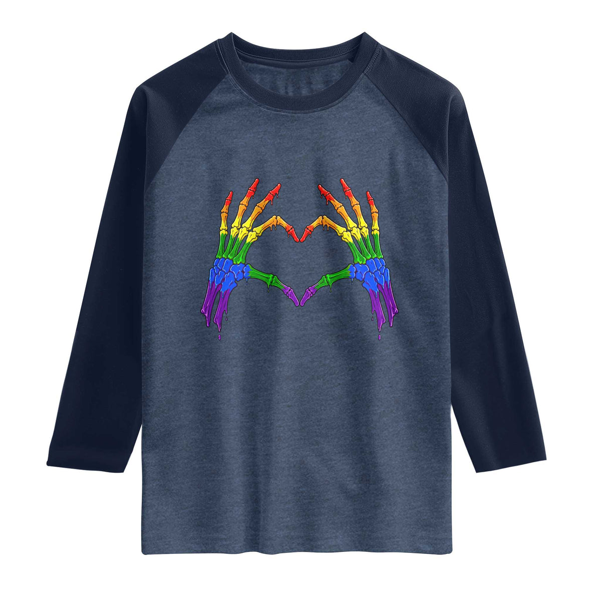 Rainbow Skeleton Heart Hands Raglan Shirt LGBTQ Pride Support Graphic TS12 Heather Denim Navy Print Your Wear