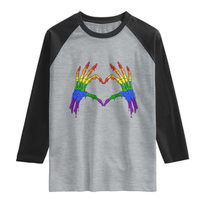 Rainbow Skeleton Heart Hands Raglan Shirt LGBTQ Pride Support Graphic TS12 Heather Gray Black Print Your Wear