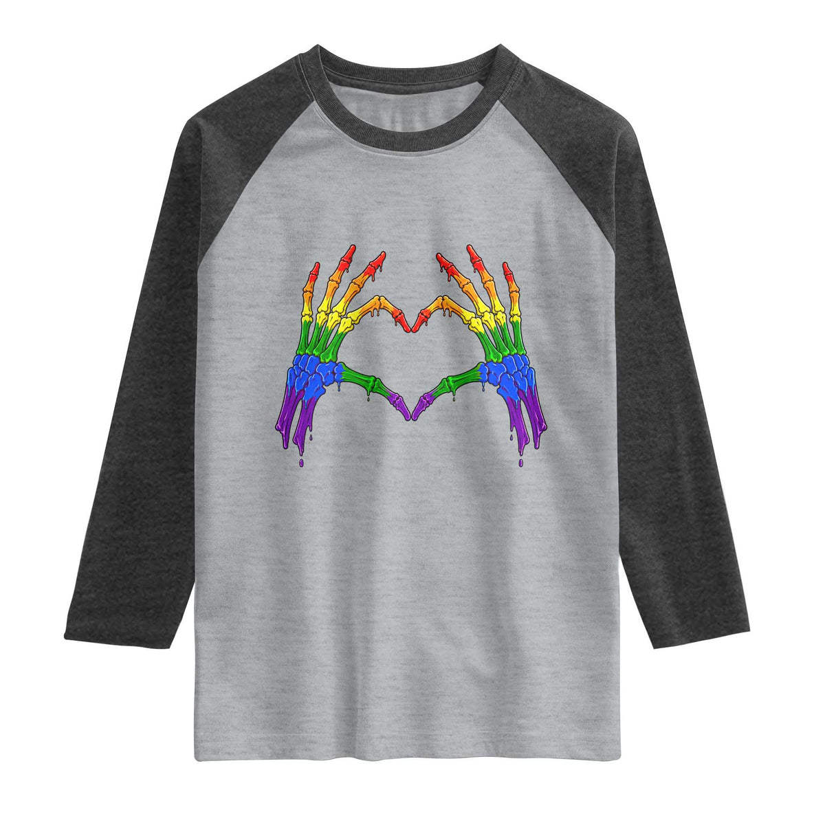 Rainbow Skeleton Heart Hands Raglan Shirt LGBTQ Pride Support Graphic TS12 Heather Gray Heather Charcoal Print Your Wear