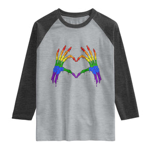 Rainbow Skeleton Heart Hands Raglan Shirt LGBTQ Pride Support Graphic TS12 Heather Gray Heather Charcoal Print Your Wear