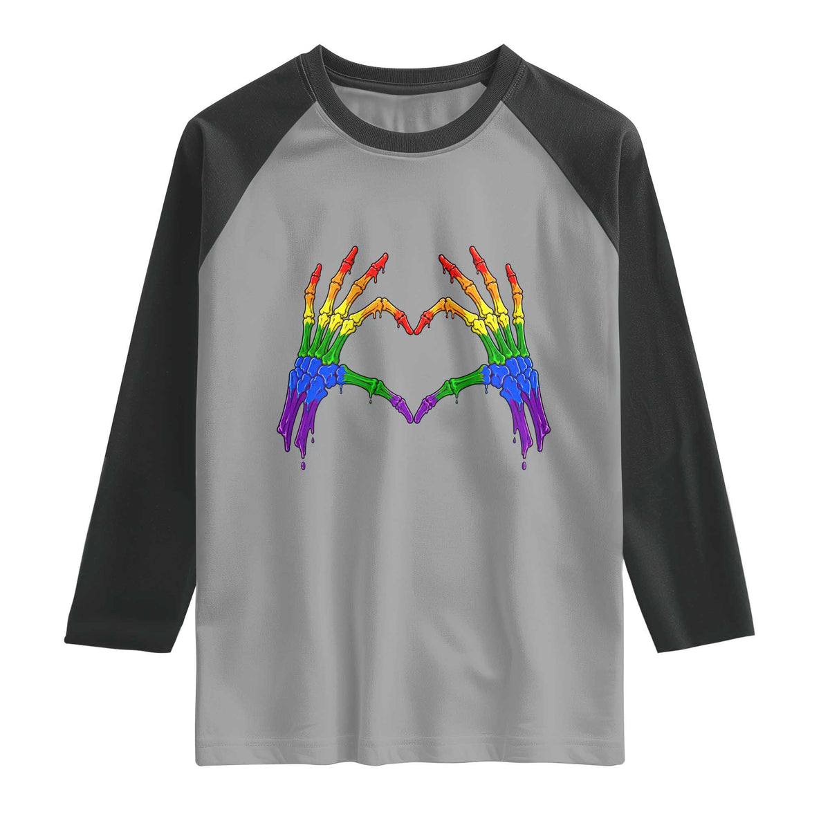 Rainbow Skeleton Heart Hands Raglan Shirt LGBTQ Pride Support Graphic TS12 Sport Gray Black Print Your Wear