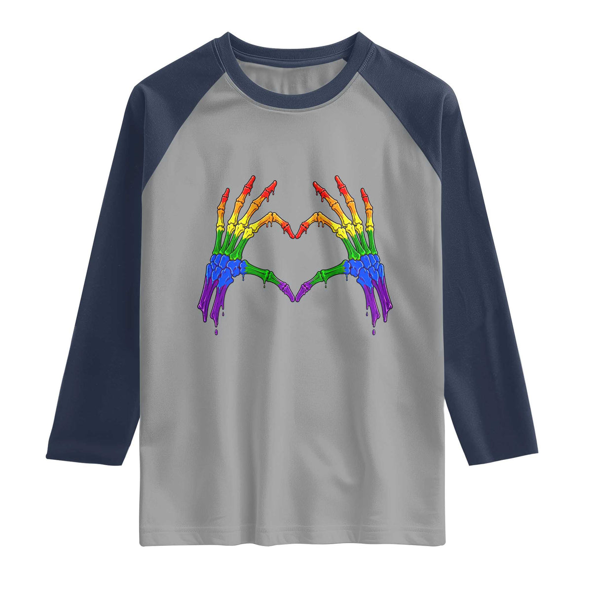 Rainbow Skeleton Heart Hands Raglan Shirt LGBTQ Pride Support Graphic TS12 Sport Gray Navy Print Your Wear