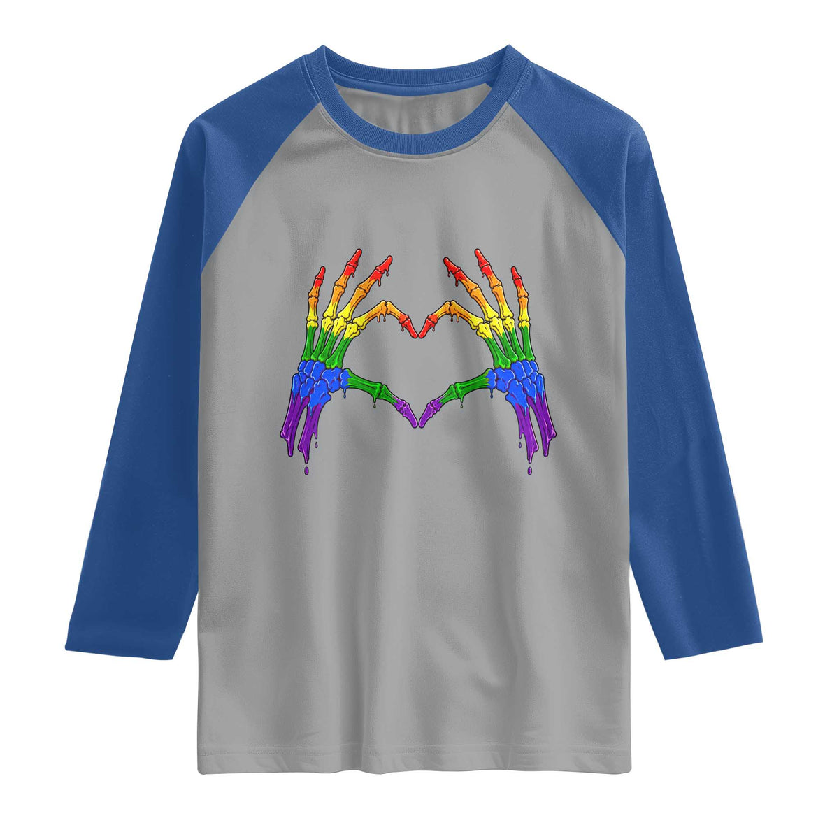 Rainbow Skeleton Heart Hands Raglan Shirt LGBTQ Pride Support Graphic TS12 Sport Gray Royal Print Your Wear