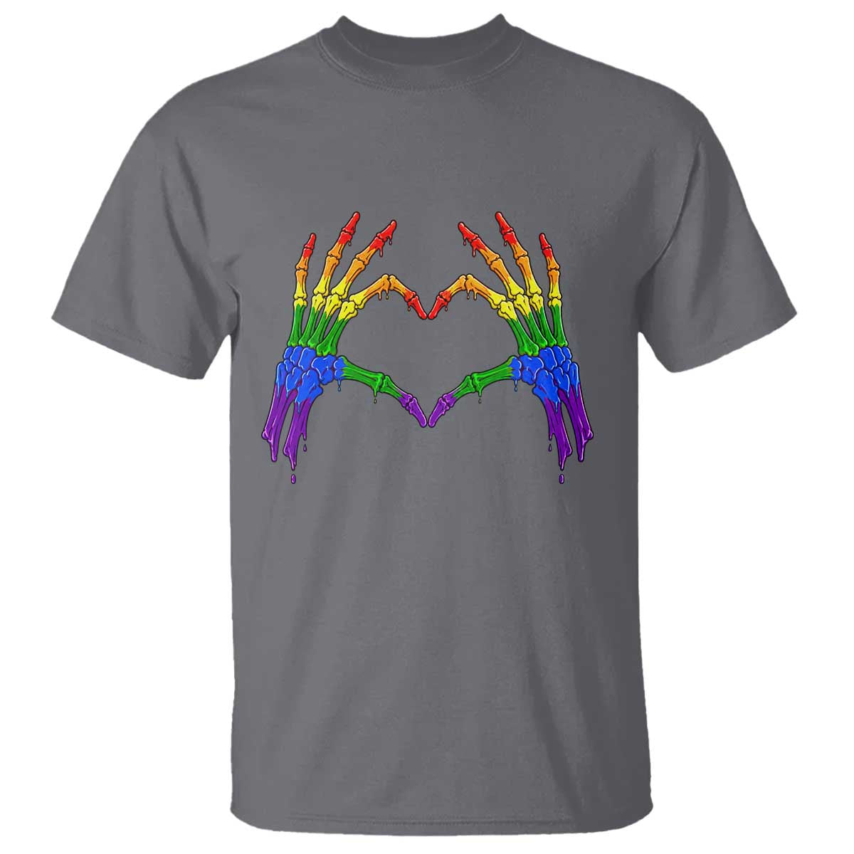 Rainbow Skeleton Heart Hands T Shirt LGBTQ Pride Support Graphic TS12 Charcoal Print Your Wear