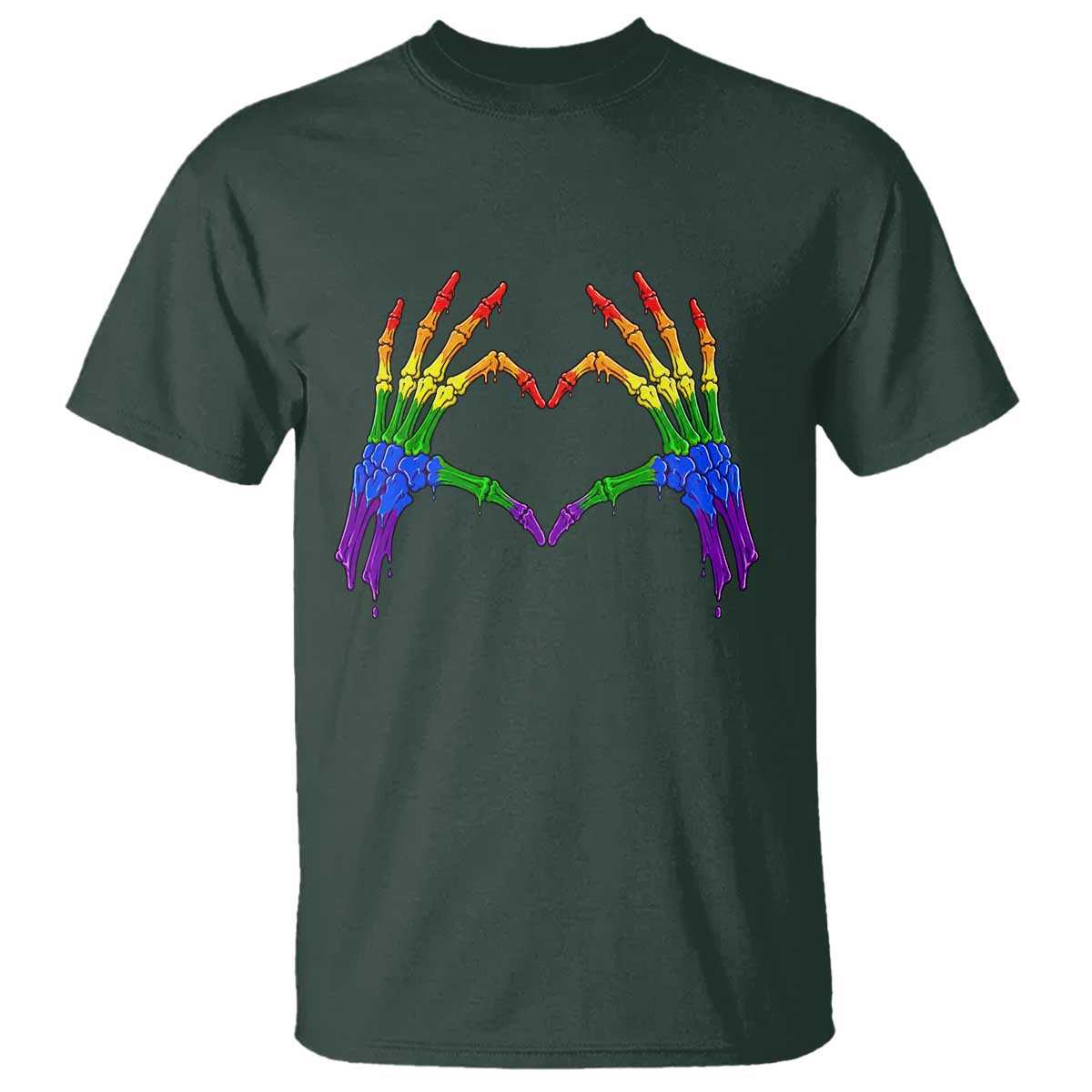 Rainbow Skeleton Heart Hands T Shirt LGBTQ Pride Support Graphic TS12 Dark Forest Green Print Your Wear