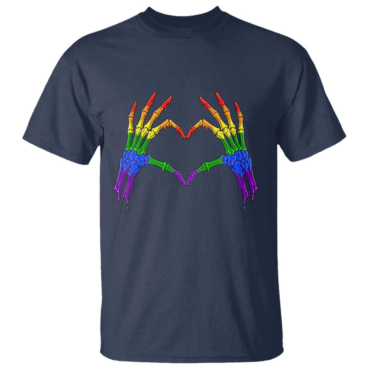 Rainbow Skeleton Heart Hands T Shirt LGBTQ Pride Support Graphic TS12 Navy Print Your Wear