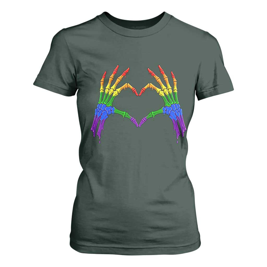 Rainbow Skeleton Heart Hands T Shirt For Women LGBTQ Pride Support Graphic TS12 Dark Forest Green Print Your Wear