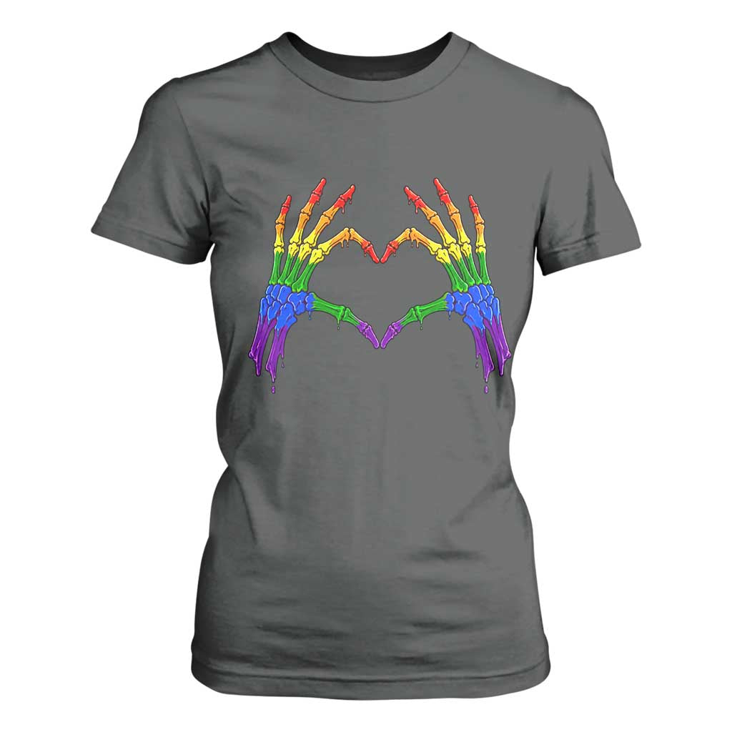 Rainbow Skeleton Heart Hands T Shirt For Women LGBTQ Pride Support Graphic TS12 Dark Heather Print Your Wear
