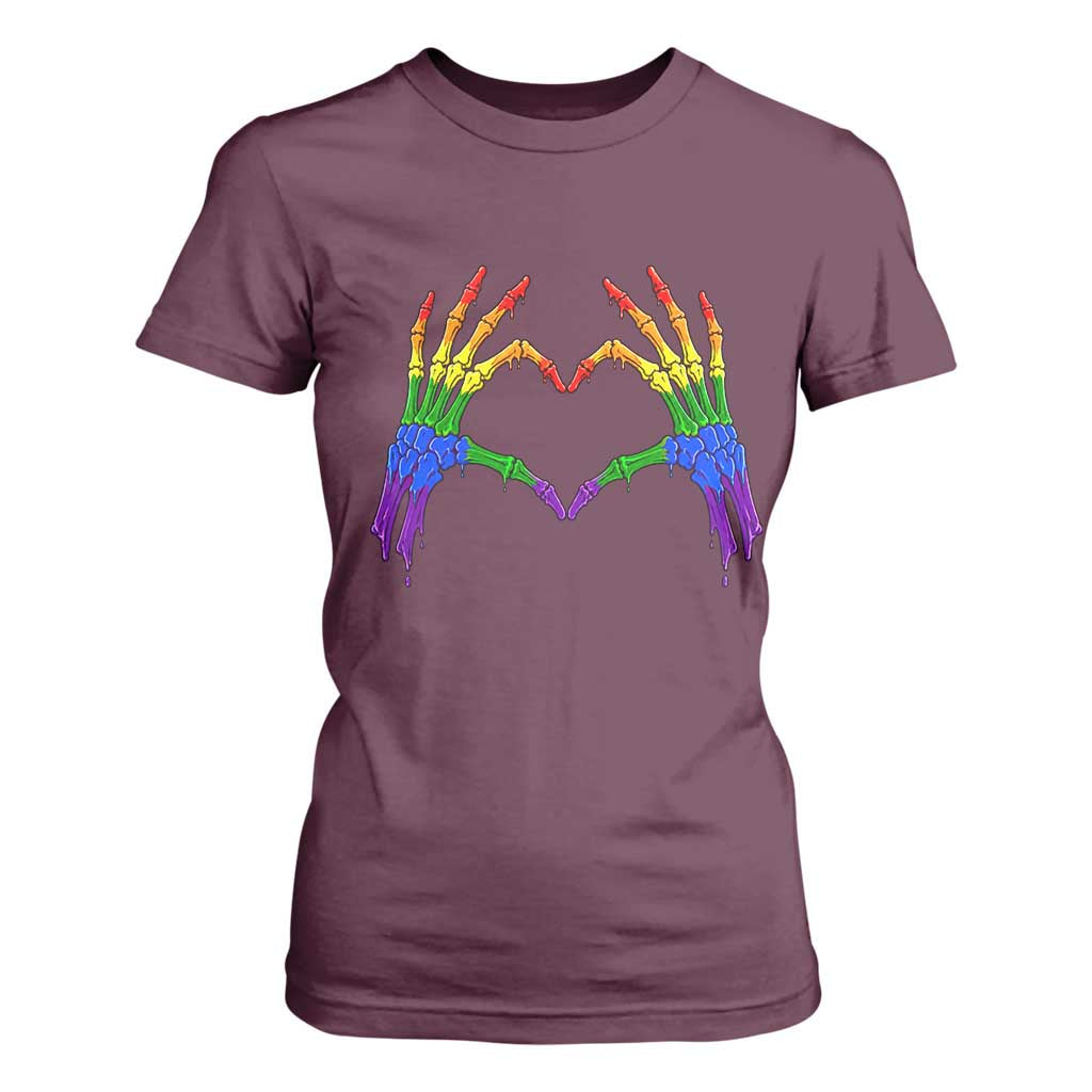 Rainbow Skeleton Heart Hands T Shirt For Women LGBTQ Pride Support Graphic TS12 Maroon Print Your Wear