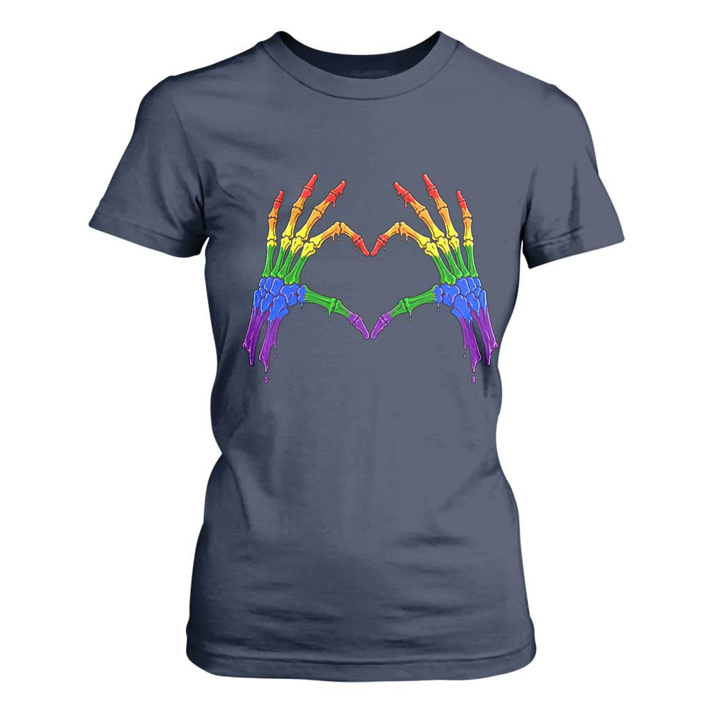 Rainbow Skeleton Heart Hands T Shirt For Women LGBTQ Pride Support Graphic TS12 Navy Print Your Wear
