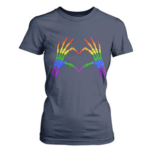 Rainbow Skeleton Heart Hands T Shirt For Women LGBTQ Pride Support Graphic TS12 Navy Print Your Wear