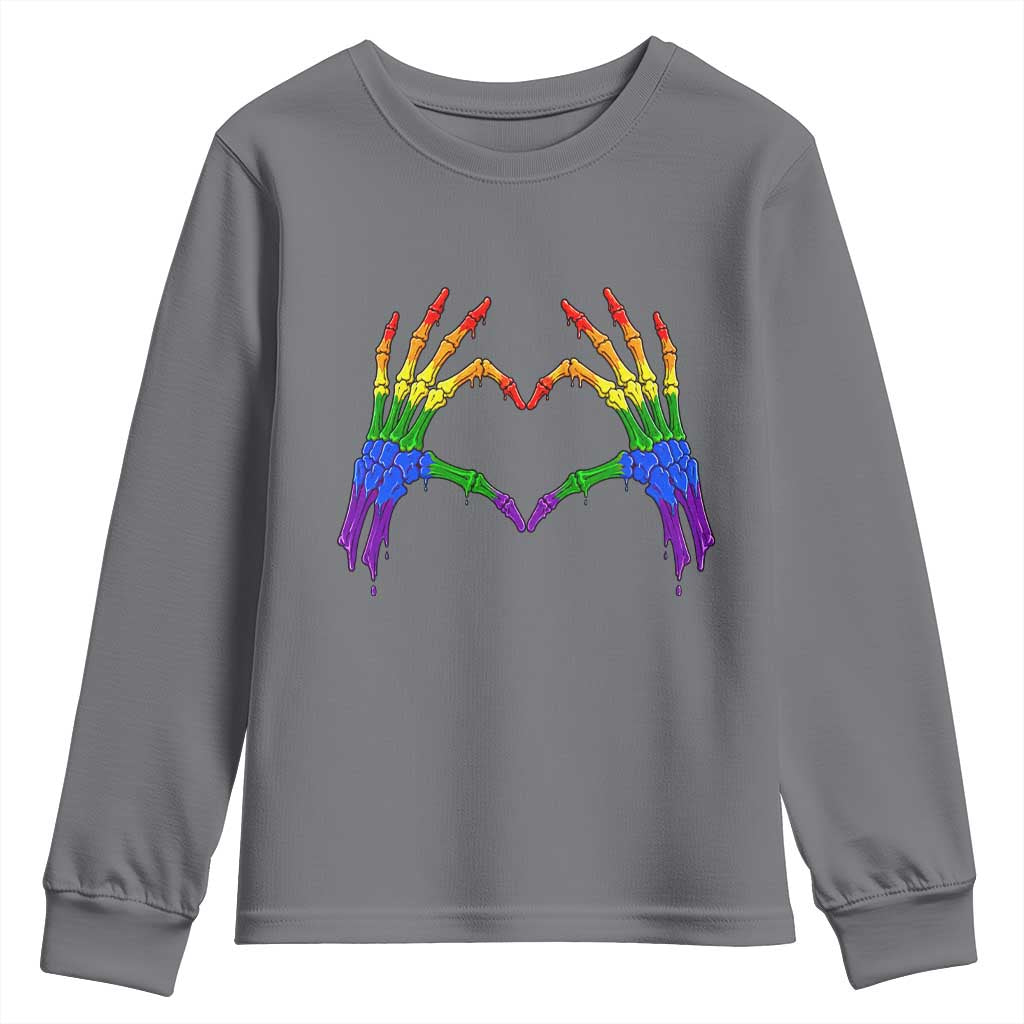 Rainbow Skeleton Heart Hands Youth Sweatshirt LGBTQ Pride Support Graphic TS12 Charcoal Print Your Wear
