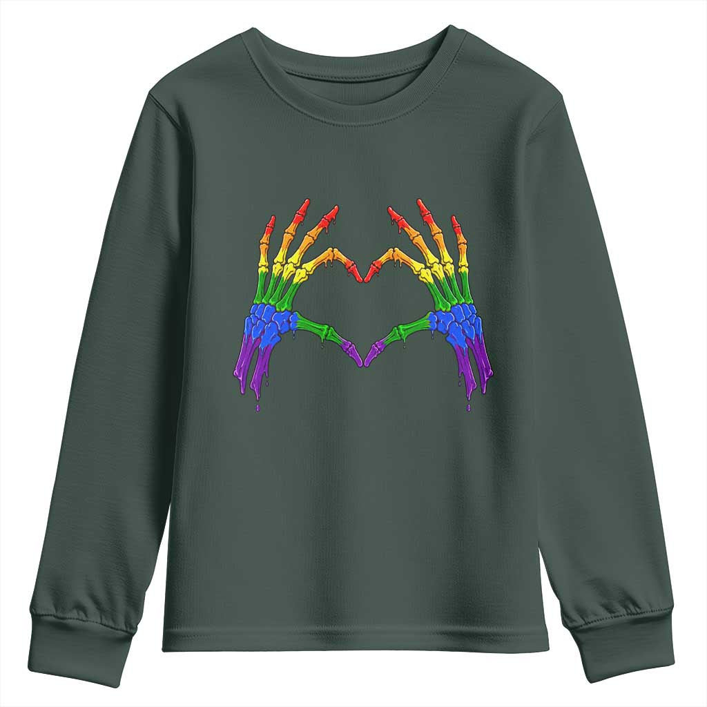Rainbow Skeleton Heart Hands Youth Sweatshirt LGBTQ Pride Support Graphic TS12 Dark Forest Green Print Your Wear