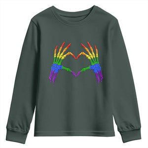 Rainbow Skeleton Heart Hands Youth Sweatshirt LGBTQ Pride Support Graphic TS12 Dark Forest Green Print Your Wear
