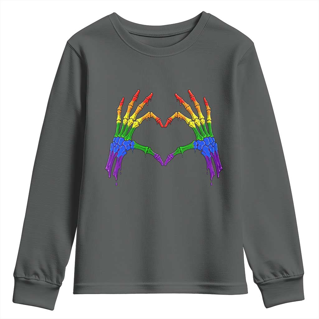 Rainbow Skeleton Heart Hands Youth Sweatshirt LGBTQ Pride Support Graphic TS12 Dark Heather Print Your Wear