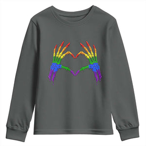 Rainbow Skeleton Heart Hands Youth Sweatshirt LGBTQ Pride Support Graphic TS12 Dark Heather Print Your Wear