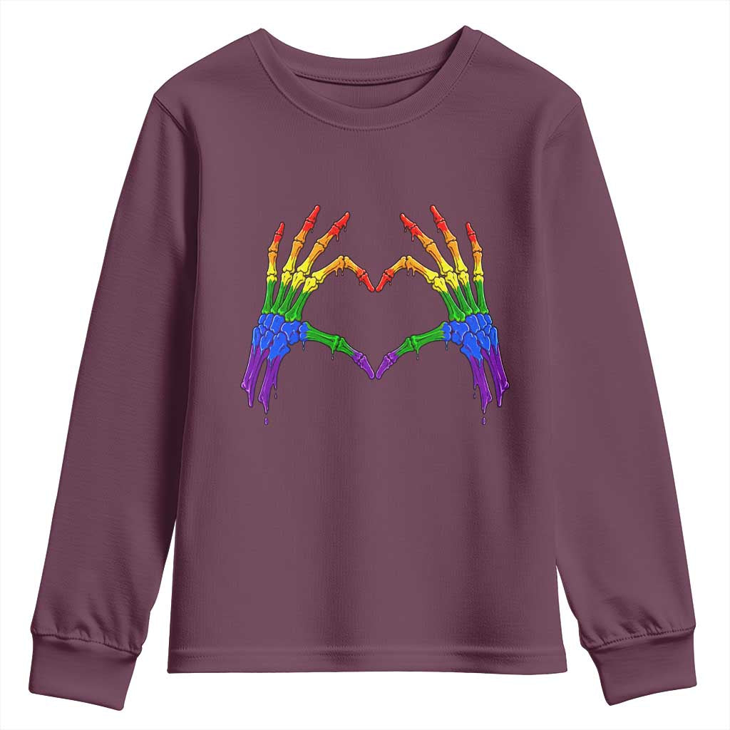 Rainbow Skeleton Heart Hands Youth Sweatshirt LGBTQ Pride Support Graphic TS12 Maroon Print Your Wear