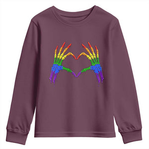 Rainbow Skeleton Heart Hands Youth Sweatshirt LGBTQ Pride Support Graphic TS12 Maroon Print Your Wear