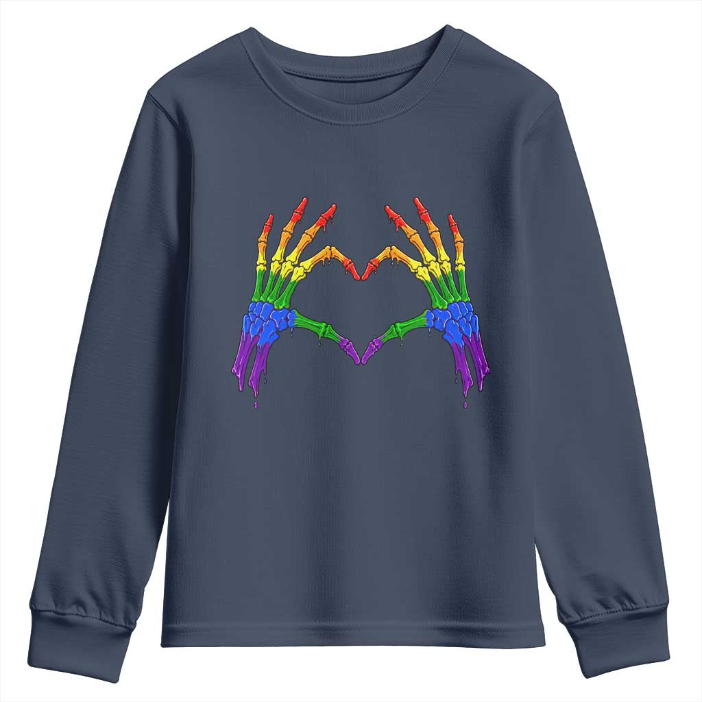Rainbow Skeleton Heart Hands Youth Sweatshirt LGBTQ Pride Support Graphic TS12 Navy Print Your Wear