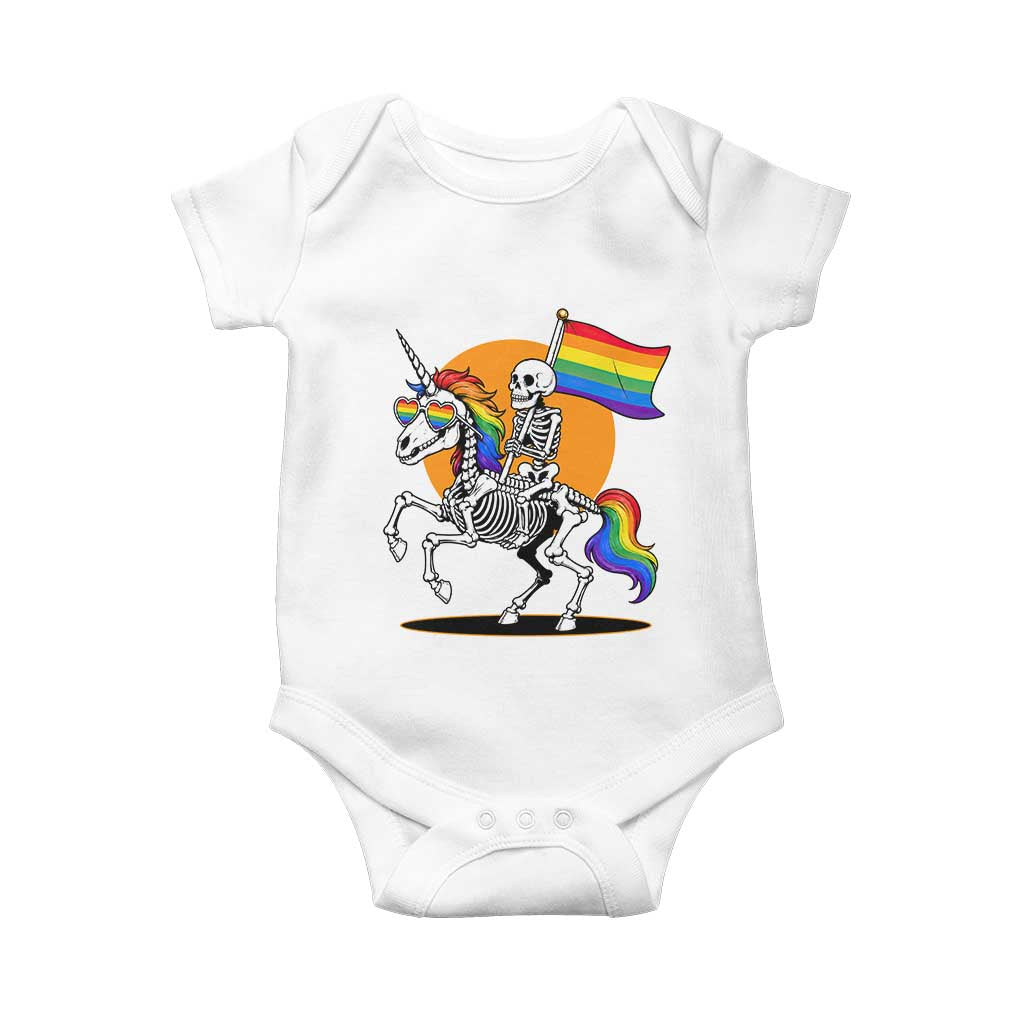 Funny Skeleton Riding Unicorn LGBTQ Pride Baby Onesie Rainbow Fantasy Graphic TS12 White Print Your Wear
