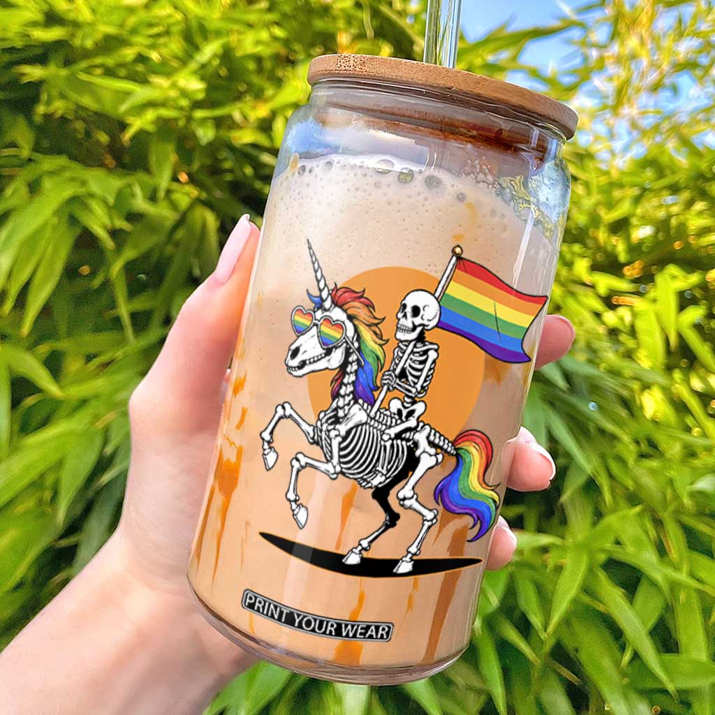 Funny Skeleton Riding Unicorn LGBTQ Pride Glass Can Rainbow Fantasy Graphic TS12 White Print Your Wear