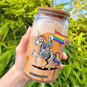 Funny Skeleton Riding Unicorn LGBTQ Pride Glass Can Rainbow Fantasy Graphic TS12 White Print Your Wear