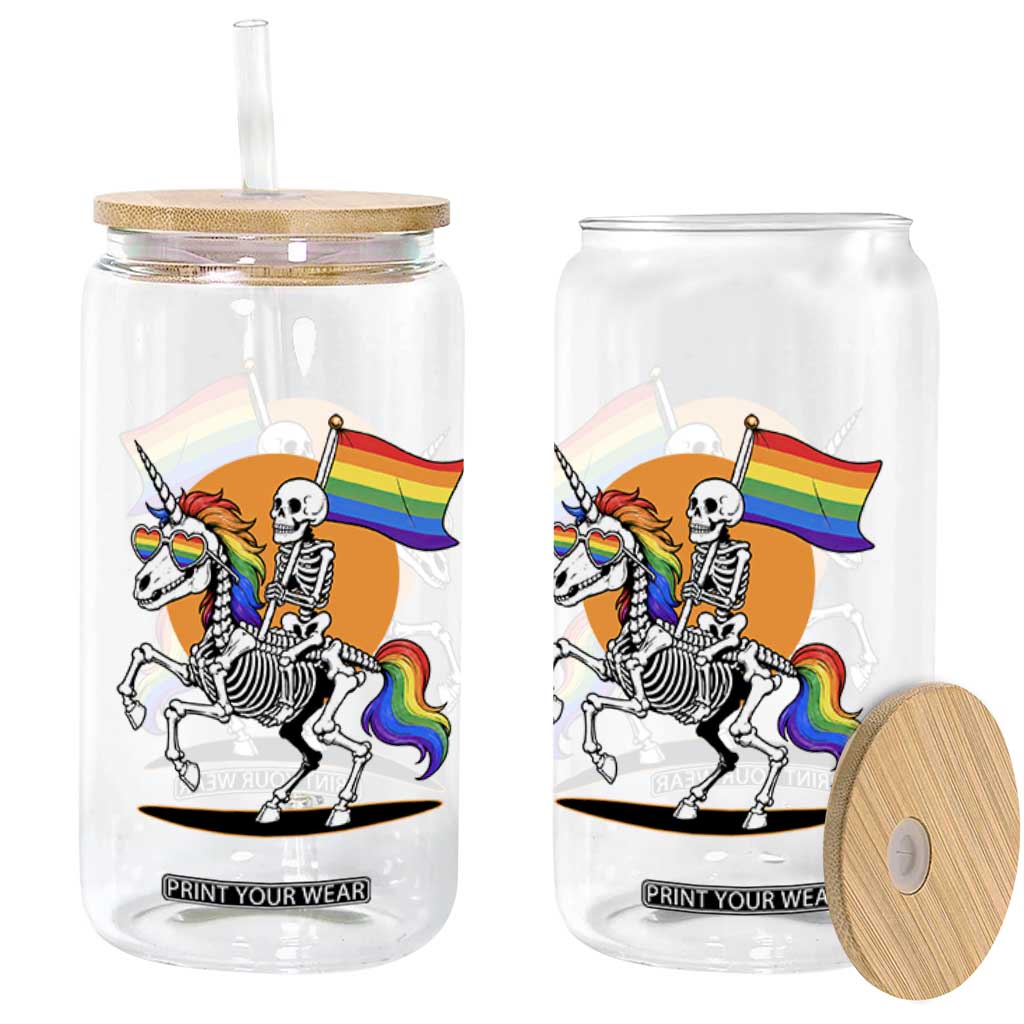 Funny Skeleton Riding Unicorn LGBTQ Pride Glass Can Rainbow Fantasy Graphic TS12 Print Your Wear