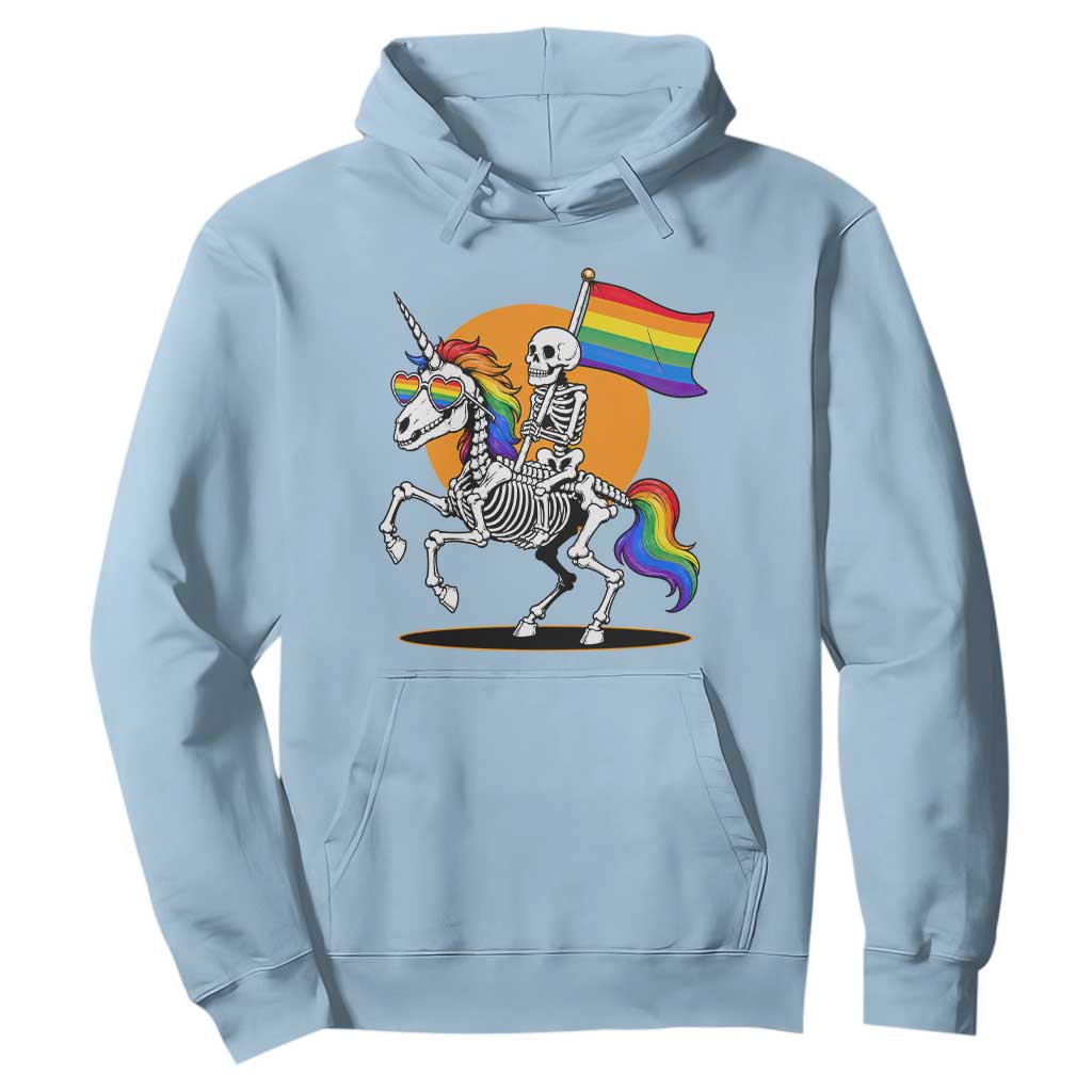 Funny Skeleton Riding Unicorn LGBTQ Pride Hoodie Rainbow Fantasy Graphic TS12 Light Blue Print Your Wear