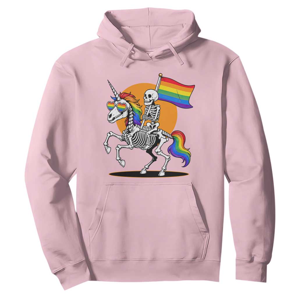 Funny Skeleton Riding Unicorn LGBTQ Pride Hoodie Rainbow Fantasy Graphic TS12 Light Pink Print Your Wear
