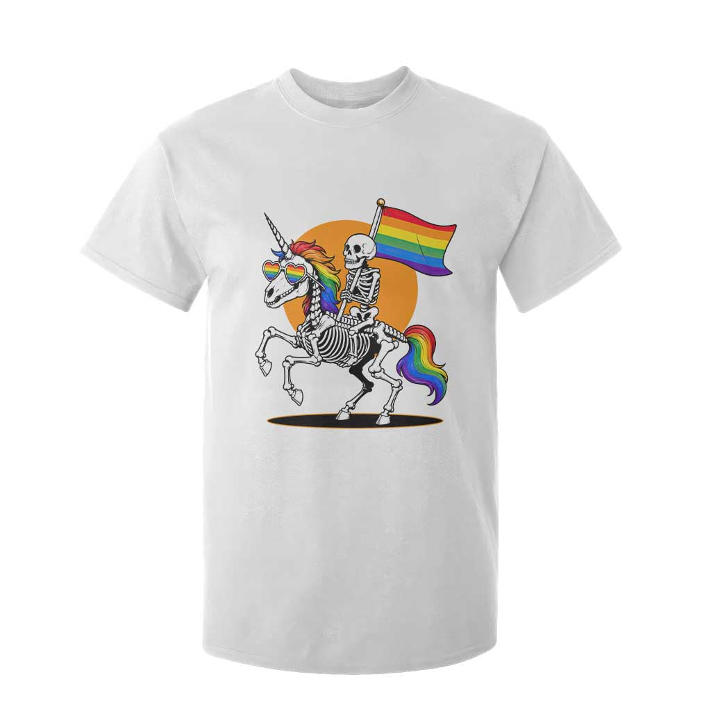 Funny Skeleton Riding Unicorn LGBTQ Pride T Shirt For Kid Rainbow Fantasy Graphic TS12 White Print Your Wear