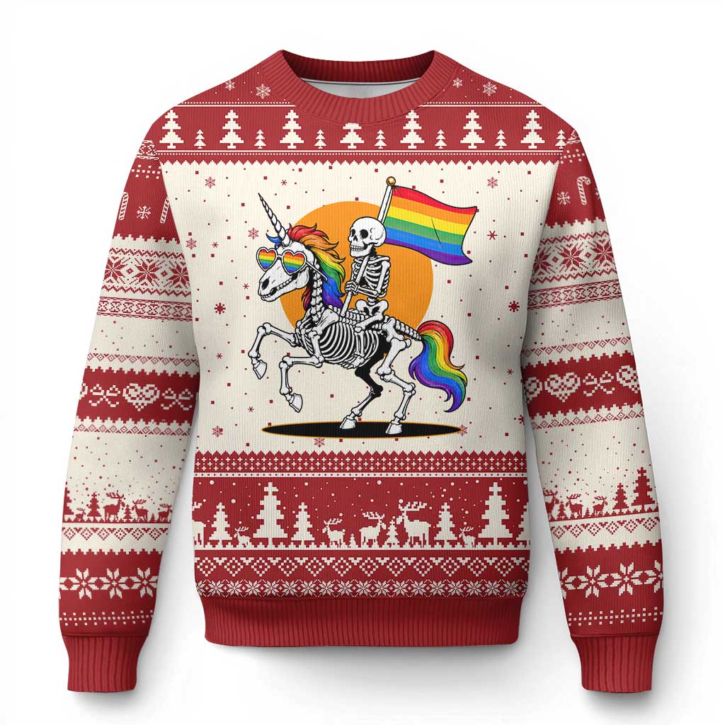 Funny Skeleton Riding Unicorn LGBTQ Pride Ugly Christmas Sweater Rainbow Fantasy Graphic TS12 Beige Red Print Your Wear