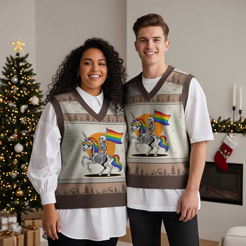 Funny Skeleton Riding Unicorn LGBTQ Pride V-Neck Knit Sweater Vest Rainbow Fantasy Graphic TS12 Mocha Mousse Print Your Wear