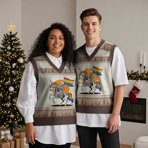 Funny Skeleton Riding Unicorn LGBTQ Pride V-Neck Knit Sweater Vest Rainbow Fantasy Graphic TS12 Mocha Mousse Print Your Wear