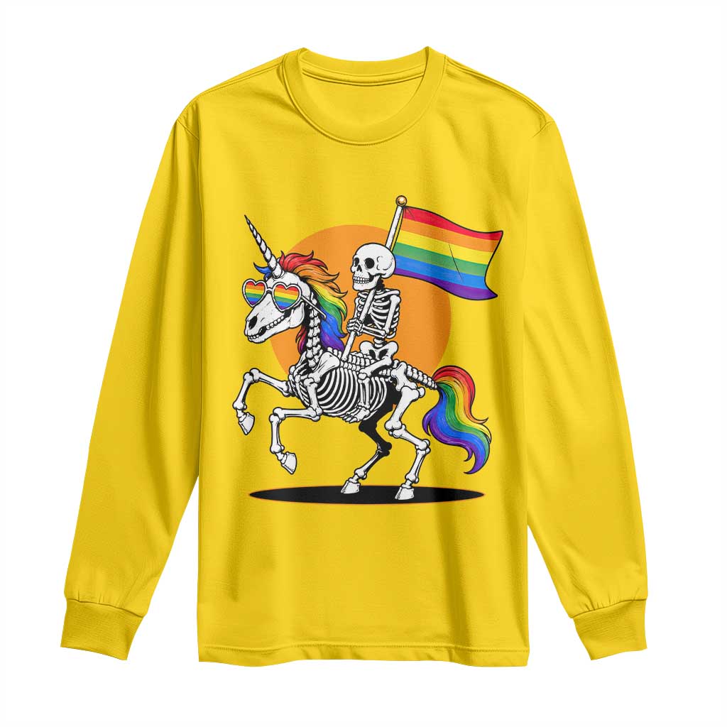 Funny Skeleton Riding Unicorn LGBTQ Pride Long Sleeve Shirt Rainbow Fantasy Graphic TS12 Daisy Print Your Wear